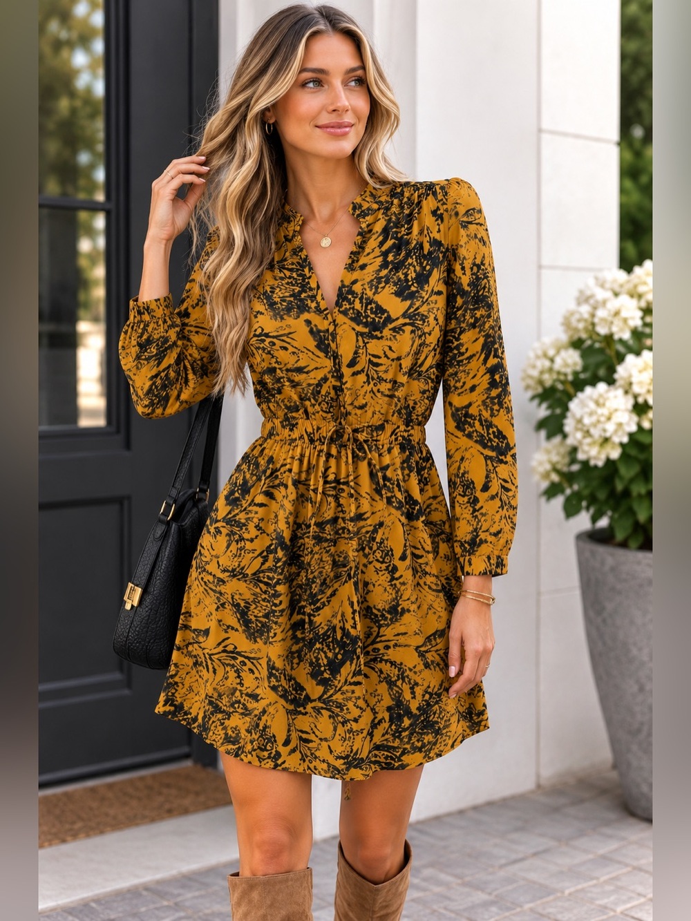 Electric‎ & Rose Mustard Botanical Print Mini Dress | Small | Made in USA